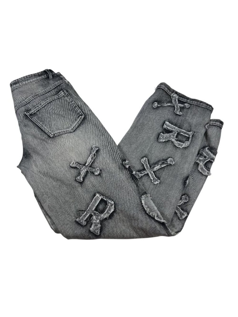 Racer Worldwide Womens Distressed Gray Denim Jeans Size 30x34 Cross Patch Y2K